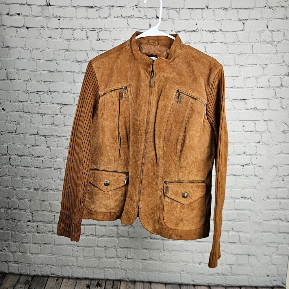 Live a Little Brown Leather Suede Knit Sleeve Moto Jacket Women Large 5785WS